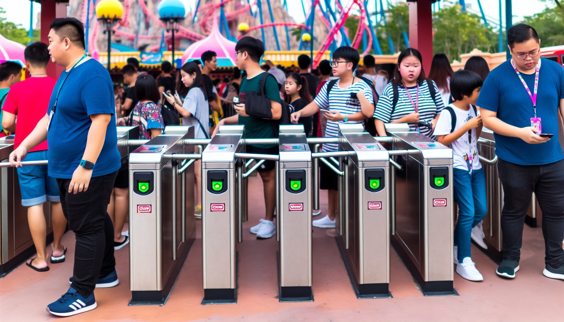 Turnstile barrier gates at the entrance of an amusement park