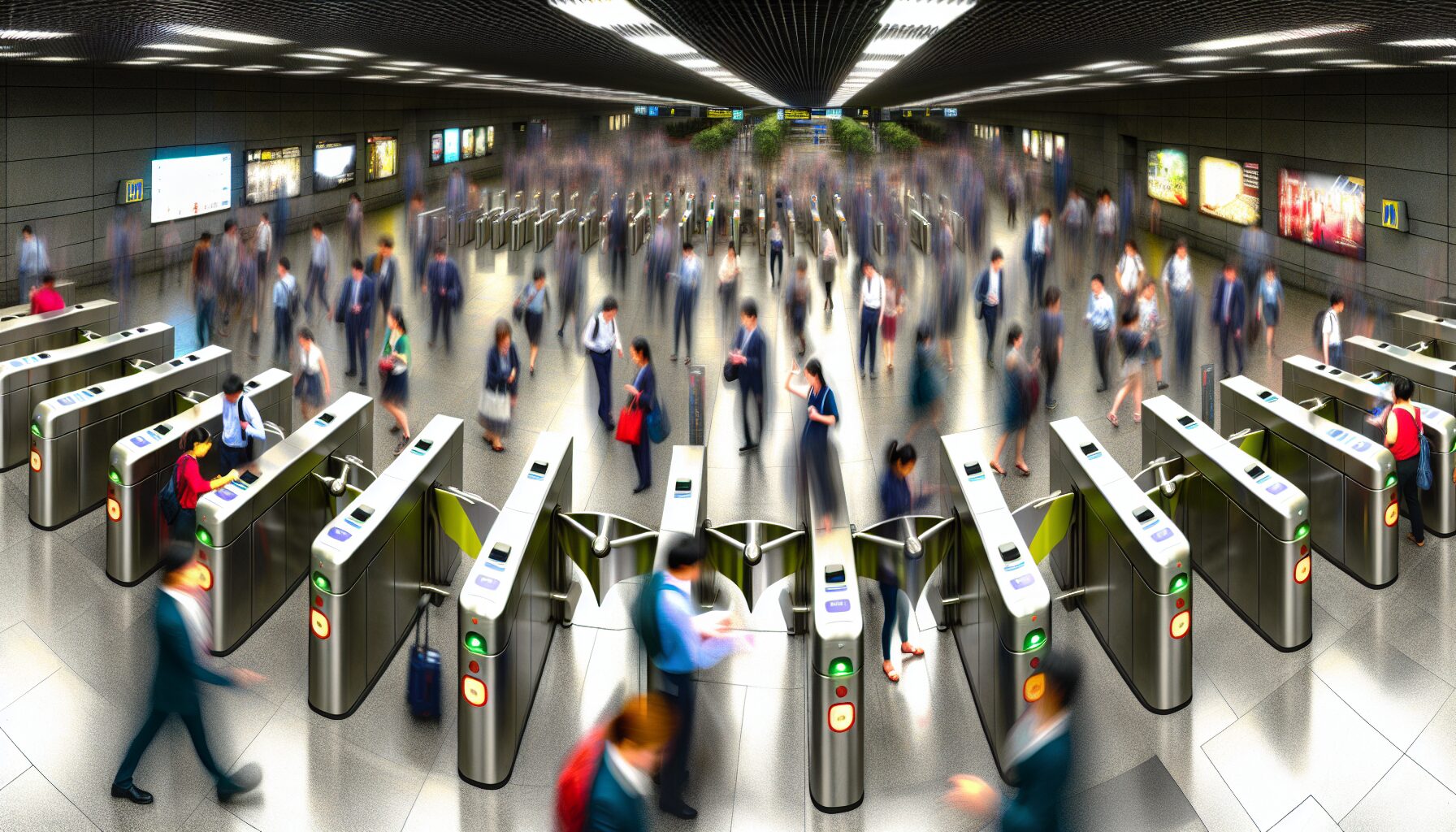 Various turnstile barrier gates in a crowded subway station