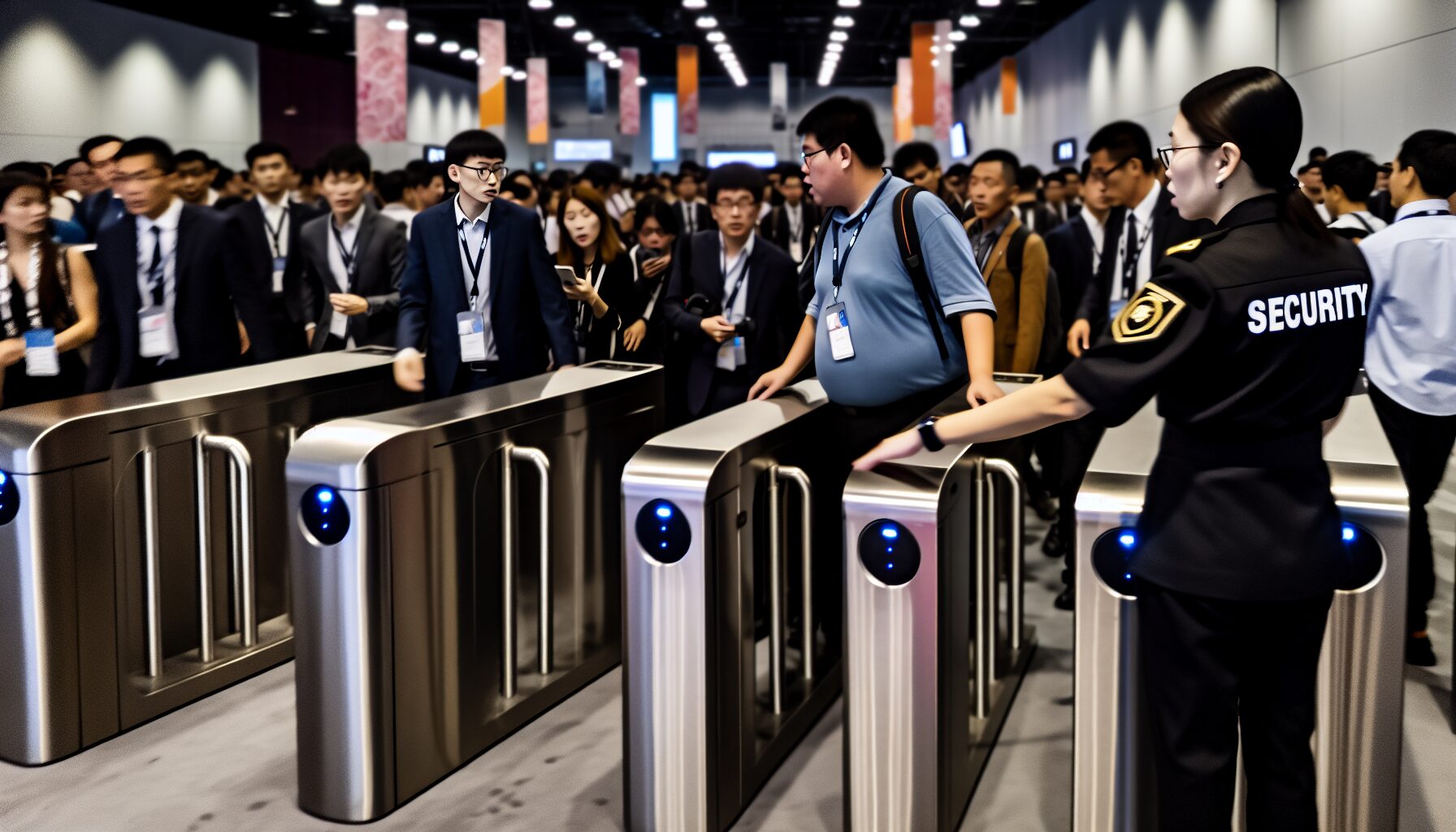 Security personnel monitoring a crowd passing through a turnstile barrier gate